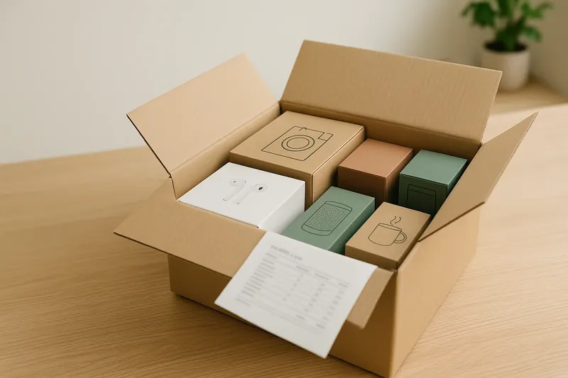 Caja de devoluciones de Amazon abierta con los artículos y el albarán